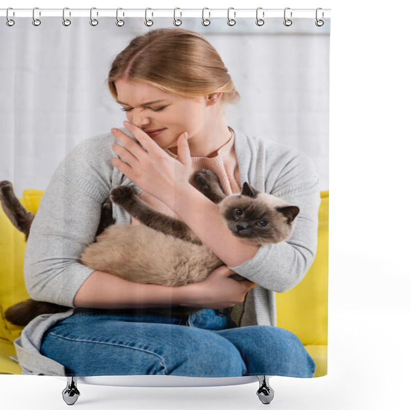 Personality  Woman With Allergy Scratching Nose And Holding Cat  Shower Curtains