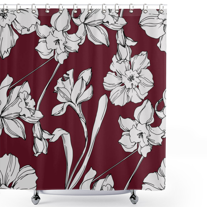 Personality  Vector Narcissus Floral Botanical Flower. Black And White Engraved Ink Art. Seamless Background Pattern. Shower Curtains