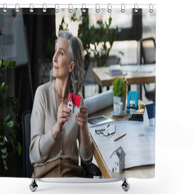 Personality  Businesswoman Holding Model Of House Near Eyeglasses And Blueprint In Office  Shower Curtains