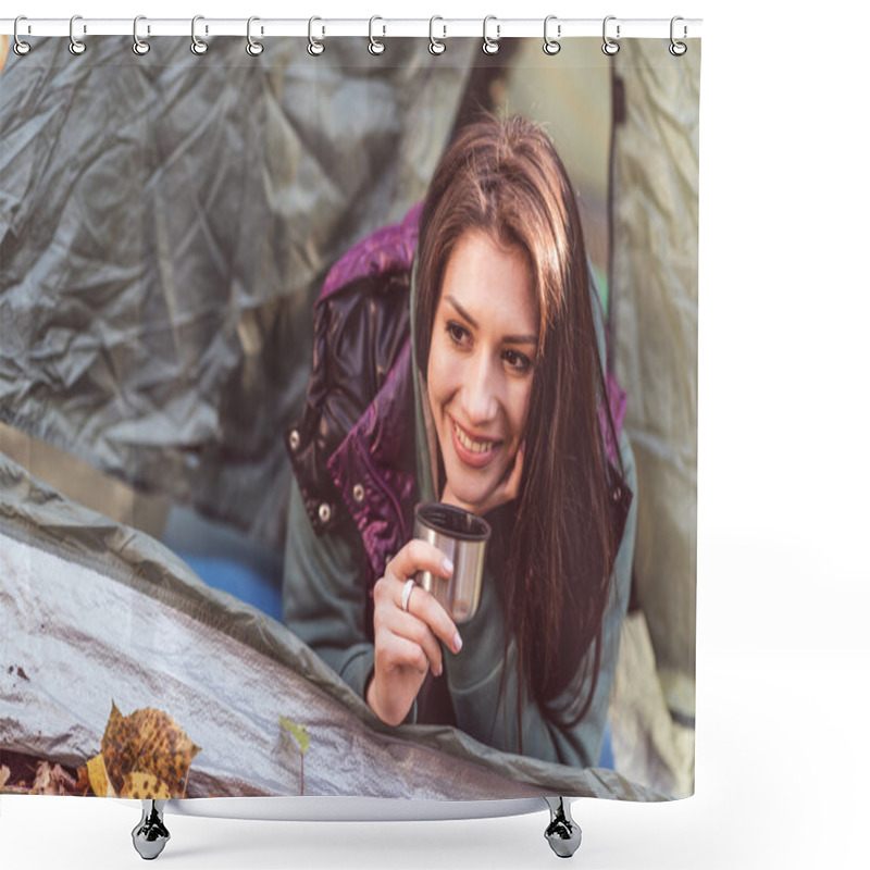 Personality  Woman In Tent Holding Metallic Cup Shower Curtains