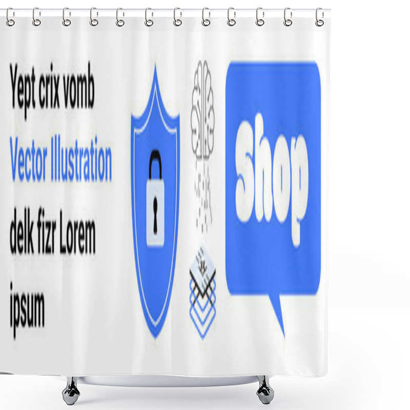 Personality  A Blue Padlock On A Shield, A Stylized Brain Above Interconnected Lines, And A Large Speech Bubble With Shop Text. Ideal For Online Shopping, AI Integration, Cybersecurity, E-commerce, Tech Shower Curtains