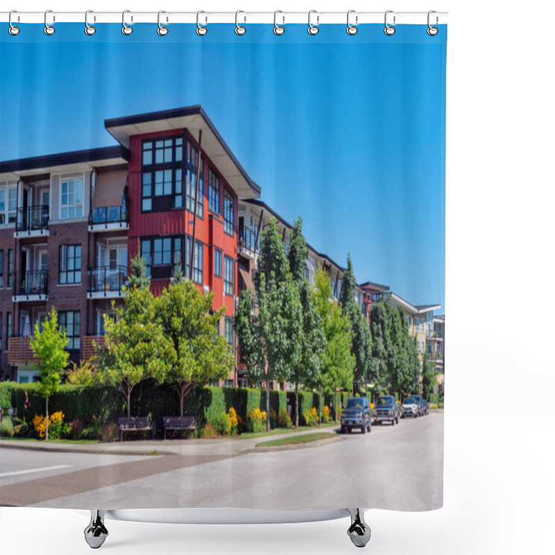 Personality  Red Residential Building On A Street Corner With Cars Parked Beside On Blue Sky Background Shower Curtains