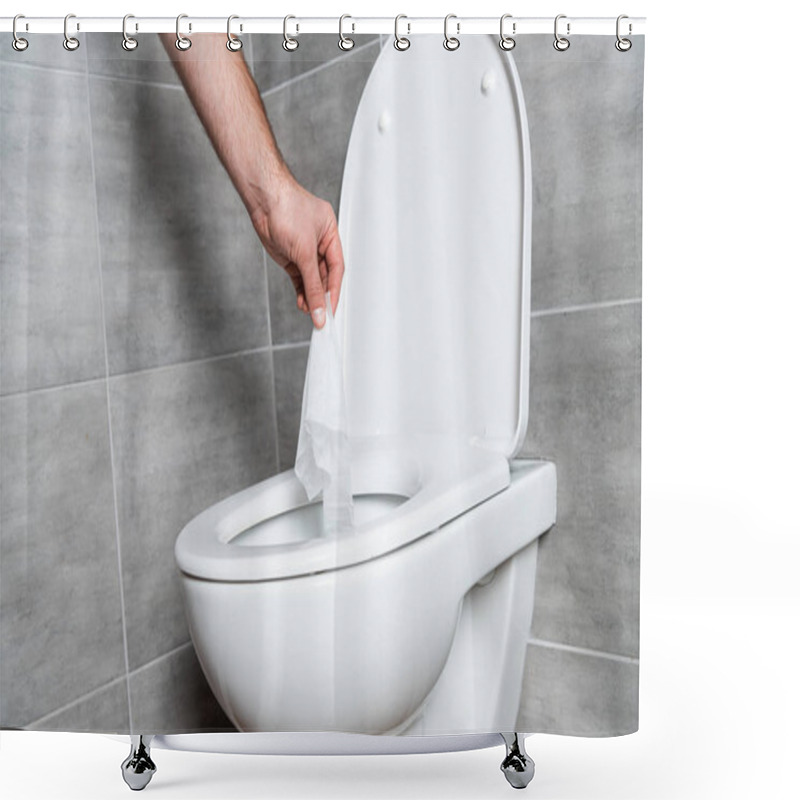 Personality  Cropped View Of Man Putting Napkin In White Toilet Bowl At Bathroom Shower Curtains