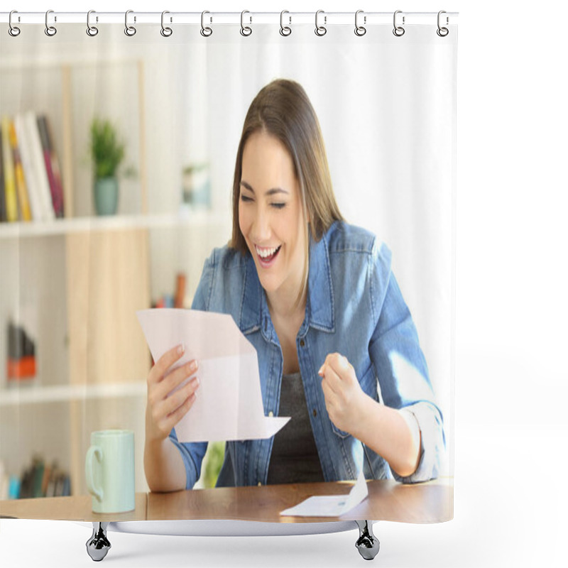 Personality  Excited Woman Reading Good News In A Letter Shower Curtains