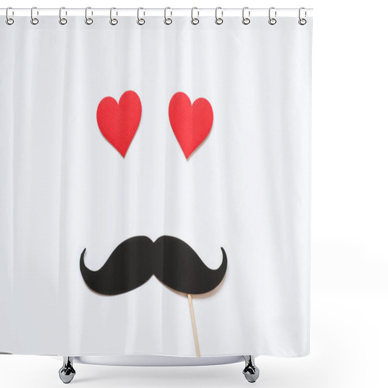 Personality  Valentine's Day, Love, Romantic Concept. Red Hearts With Mustaches Paper Prop On Red Background. Shower Curtains