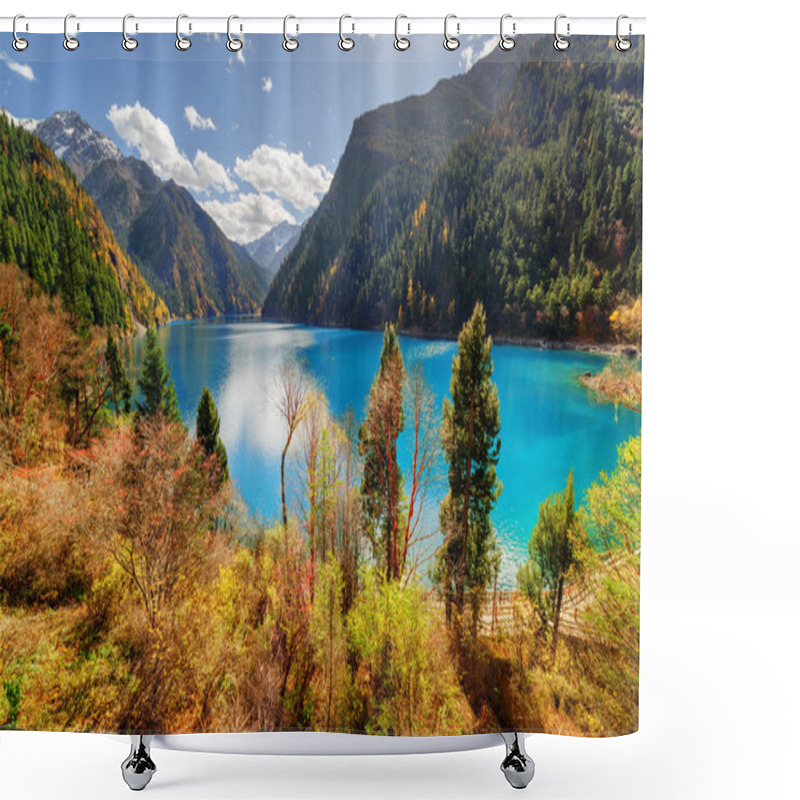 Personality  Fantastic View Of The Long Lake With Azure Water Among Mountains Shower Curtains