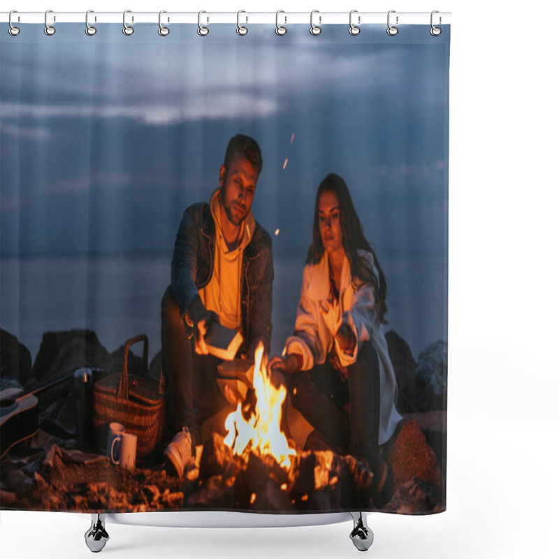 Personality  Selective Focus Of Man Putting Log In Bonfire Near Girl  Shower Curtains