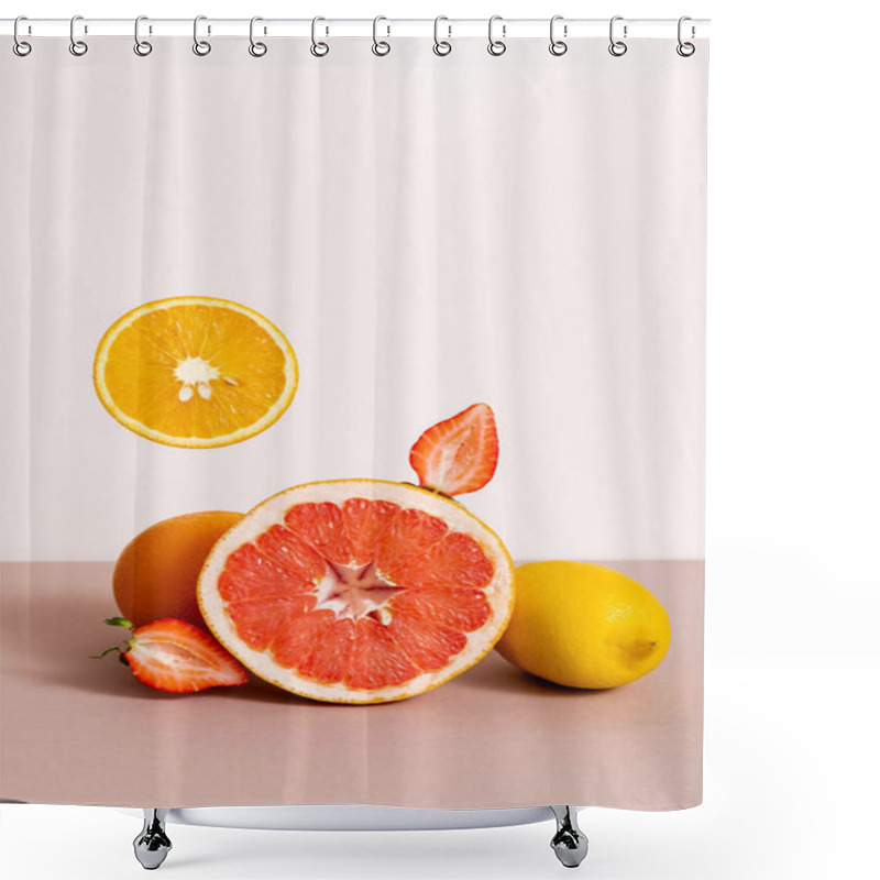 Personality  Fruit Composition With Citrus Fruits And Strawberry Isolated On Beige Shower Curtains