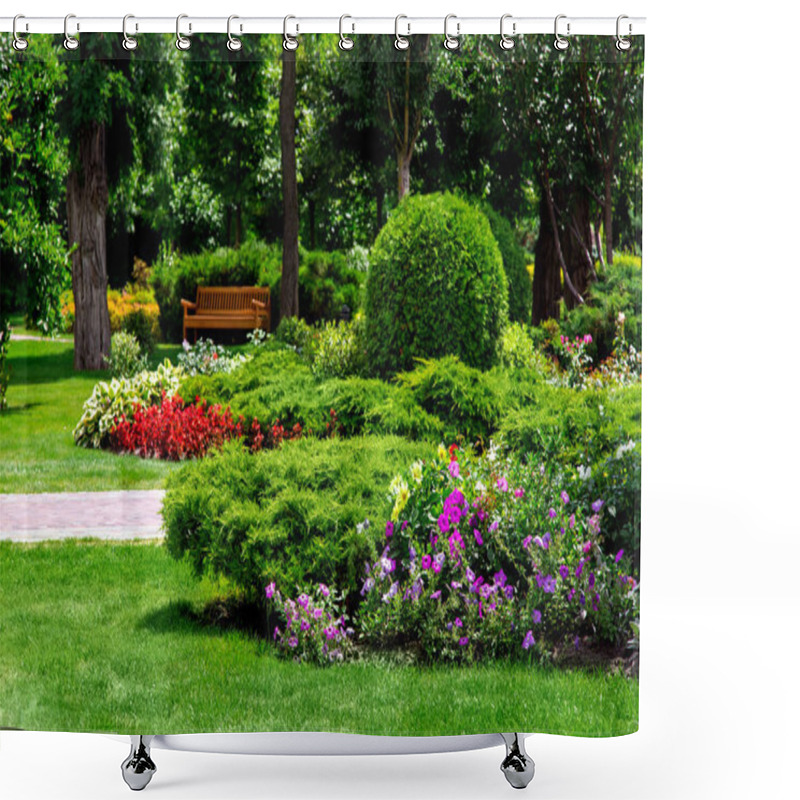 Personality  Flowerbed With Plants In A Leisure Park With Paths And Wooden Benches In The Shade Under The Trees. Shower Curtains