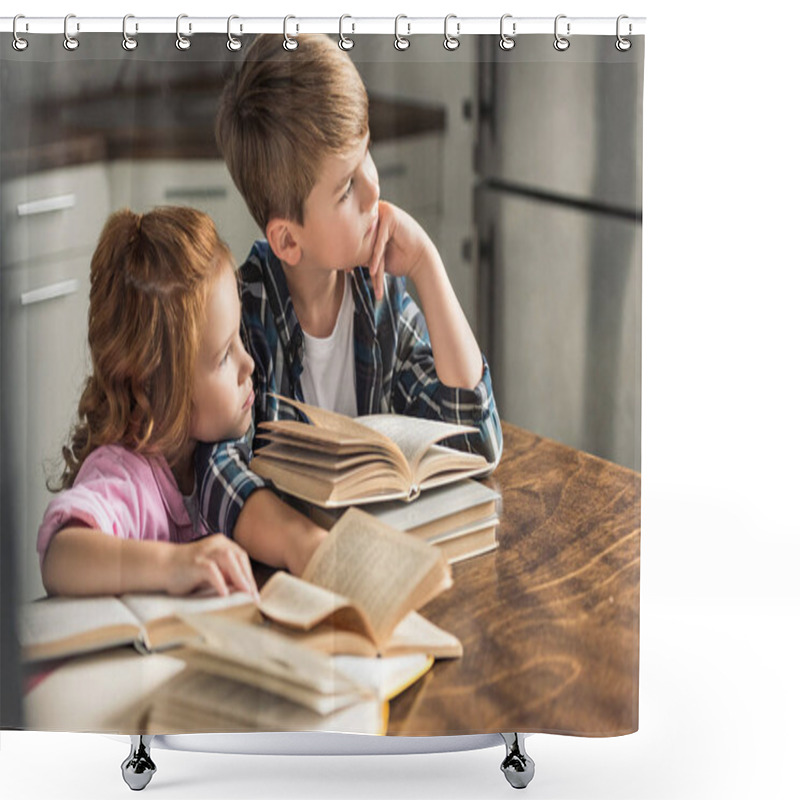 Personality  Thoughtful Brother And Sister Sitting At Table With Pile Of Books And Looking Away Shower Curtains