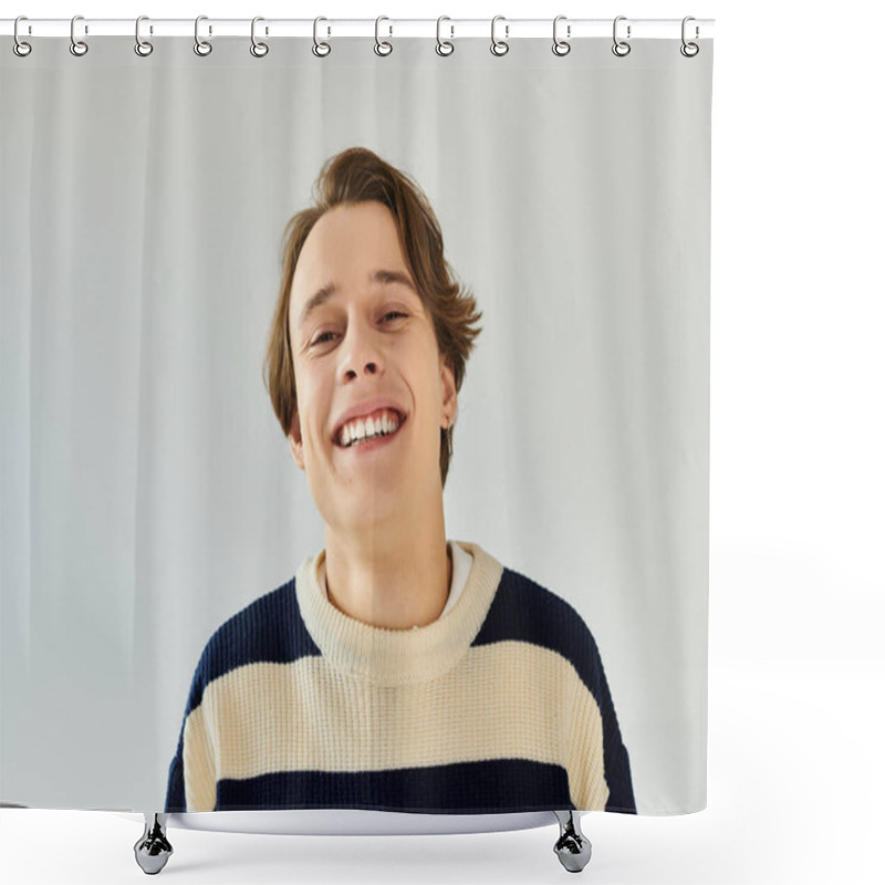 Personality  Smiling Young Student Dressed In A Striped Sweater Embodies Youthful Enthusiasm In A Studio. Shower Curtains