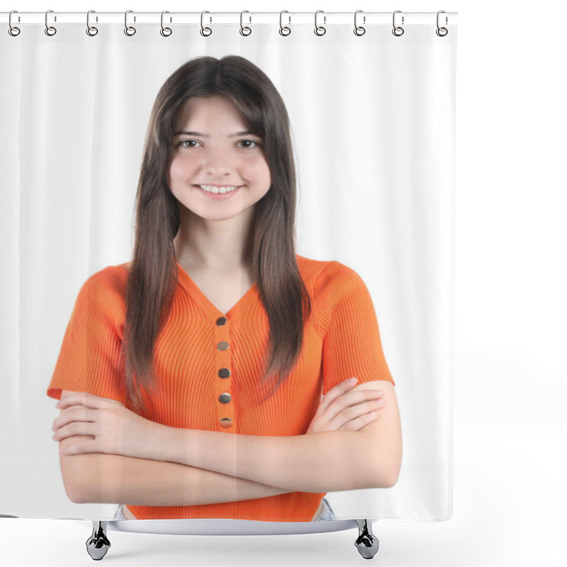 Personality  Portrait Of Smiling Teenage Girl On White Background Shower Curtains