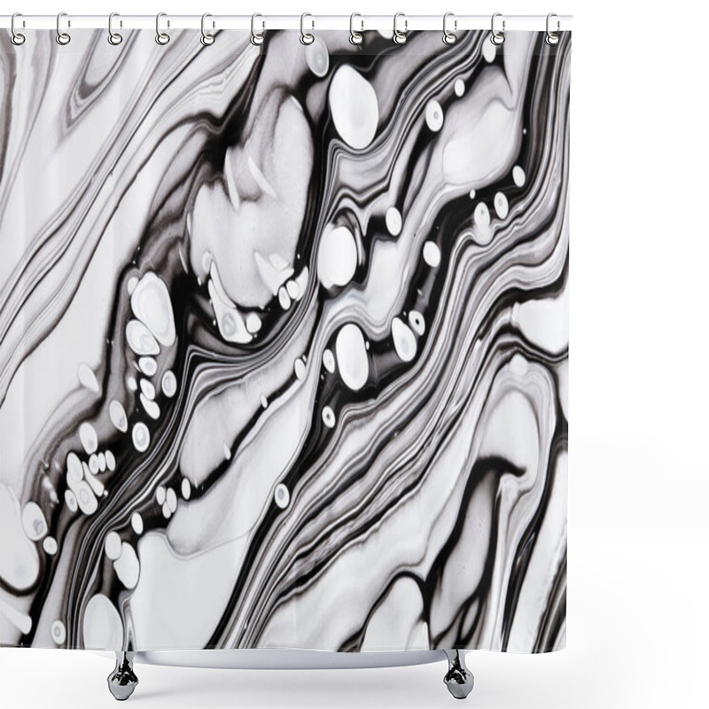 Personality  Monocolor Alcohol Ink Marbling Raster Background. Liquid Waves And Stains Minimalistic Illustration. Black And White Abstract Fluid Art. Acrylic And Oil Paint Flow Monochrome Contemporary Backdrop. Shower Curtains