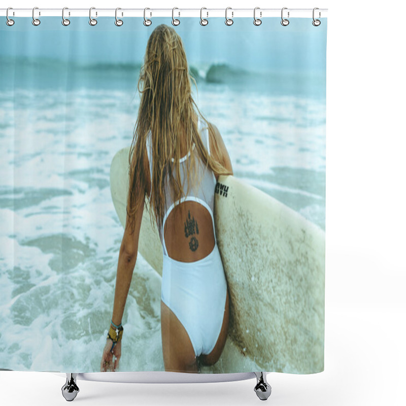 Personality  Woman In Bikini Posing With Surfboard   Shower Curtains