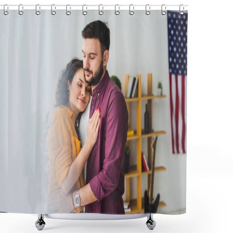 Personality  Young Couple With Closed Eyes Holding Each Other Shower Curtains