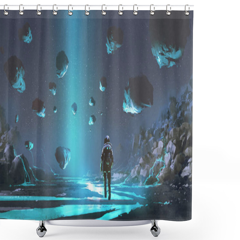 Personality  Astronaut On Turquoise Planet With Glowing Blue Minerals, Digital Art Style, Illustration Painting Shower Curtains