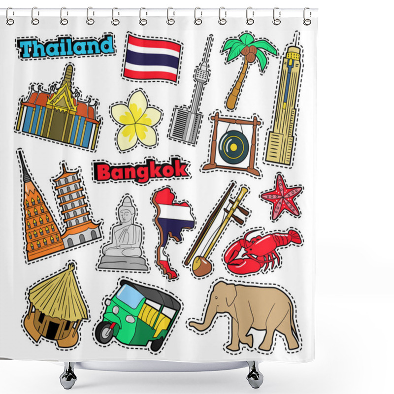 Personality  Thailand Travel Elements With Architecture For Badges, Stickers, Prints. Vector Doodle Shower Curtains