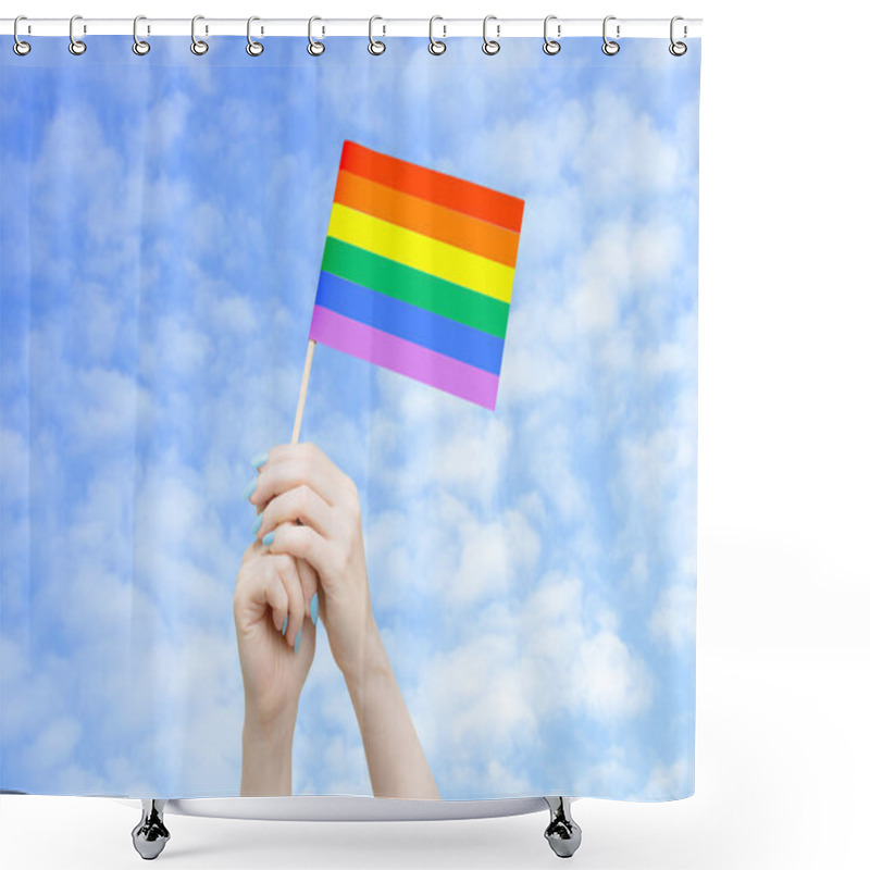 Personality  Flag LGTB In The Hands Of A Caucasian Woman Against The Sky With Clouds. Shower Curtains