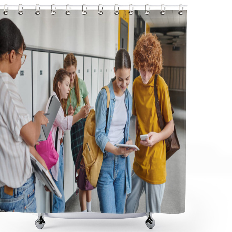 Personality  Teenage Students With Devices In School Hallway, African American Woman Near Schoolkids, Black Woman Shower Curtains