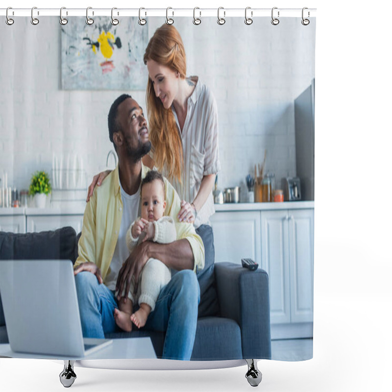 Personality  Happy Interracial Parents Looking At Each Other Near Infant Girl And Laptop Shower Curtains