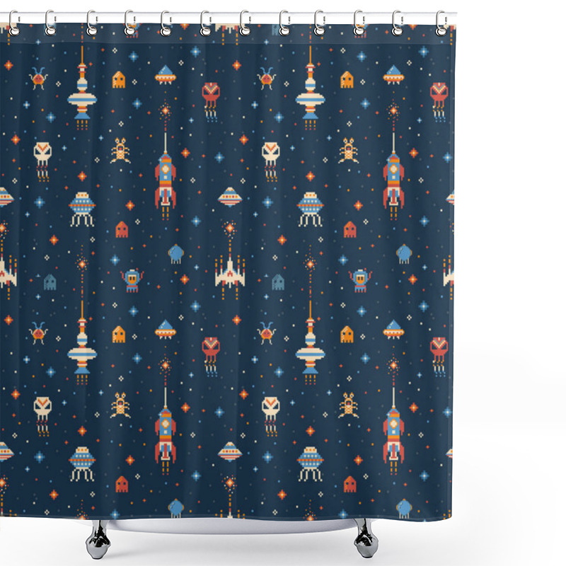 Personality  Pixel Art Inter Galactic Adventure Space Pattern Shower Curtains