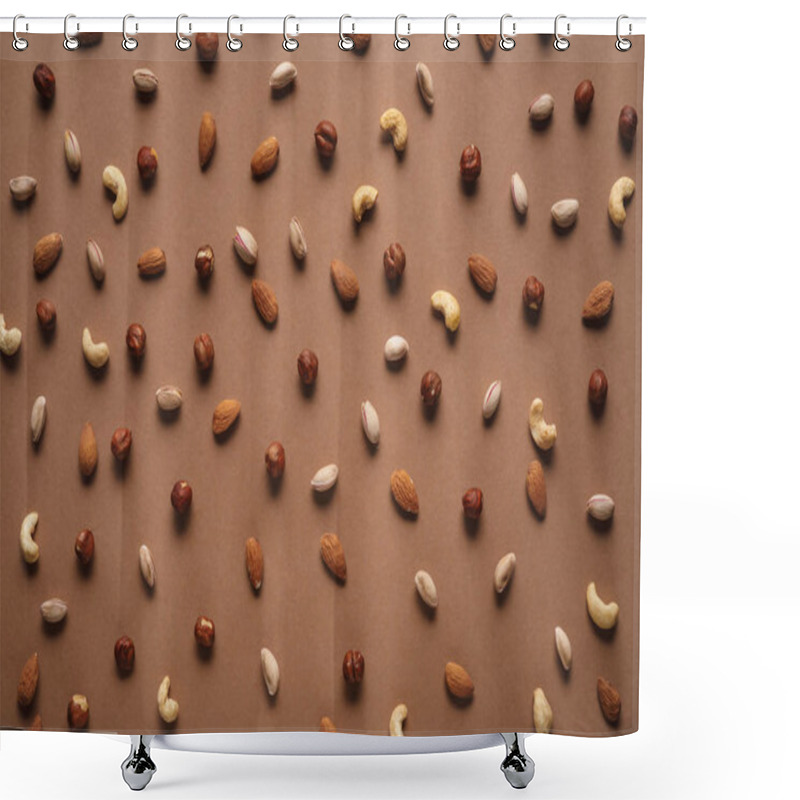 Personality  Full Frame Of Various Nuts Arranged On Brown Backdrop Shower Curtains