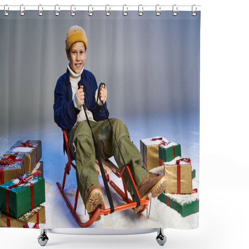 Personality  A Cheerful Boy In Warm Attire Sits On A Sled Amidst Beautifully Wrapped Presents. Shower Curtains