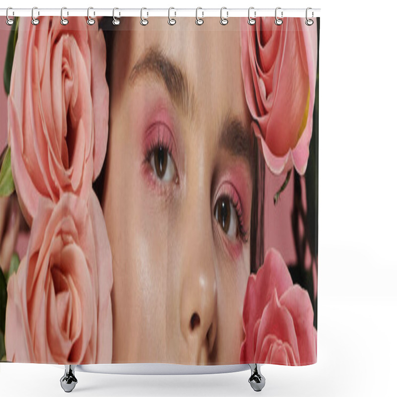 Personality  Close-up Portrait Of A Womans Face Framed By Pink Roses. Shower Curtains