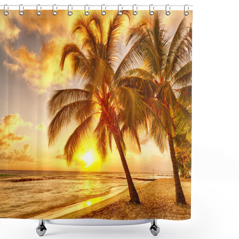 Personality  Beautiful Sunset Over The Sea With A View At Coconut Palms On The White Beach On A Caribbean Island Of Barbados Shower Curtains