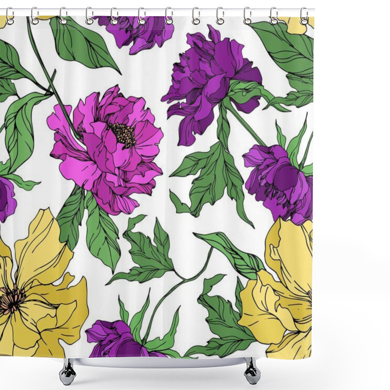 Personality  Peony Floral Botanical Flowers. Black And White Engraved Ink Art. Seamless Background Pattern. Shower Curtains