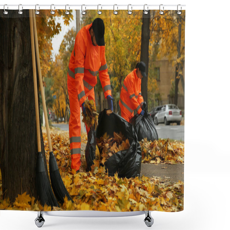 Personality  Workers Cleaning Street From Fallen Leaves On Autumn Day Shower Curtains