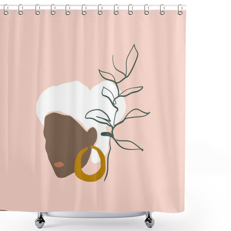 Personality  Modern Boho Pastel Terracotta Collage Line Drawing African Black Woman With Leaf Earring Face Hairstyle Fashion Beauty Minimalist Vector Illustration Modern Abstract Graphics Print Clipart Shower Curtains