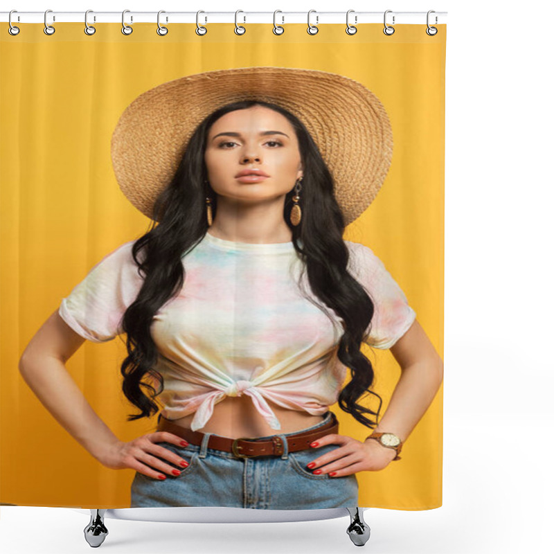 Personality  Brunette Girl Posing In Straw Hat With Hands On Hips On Yellow Background Shower Curtains