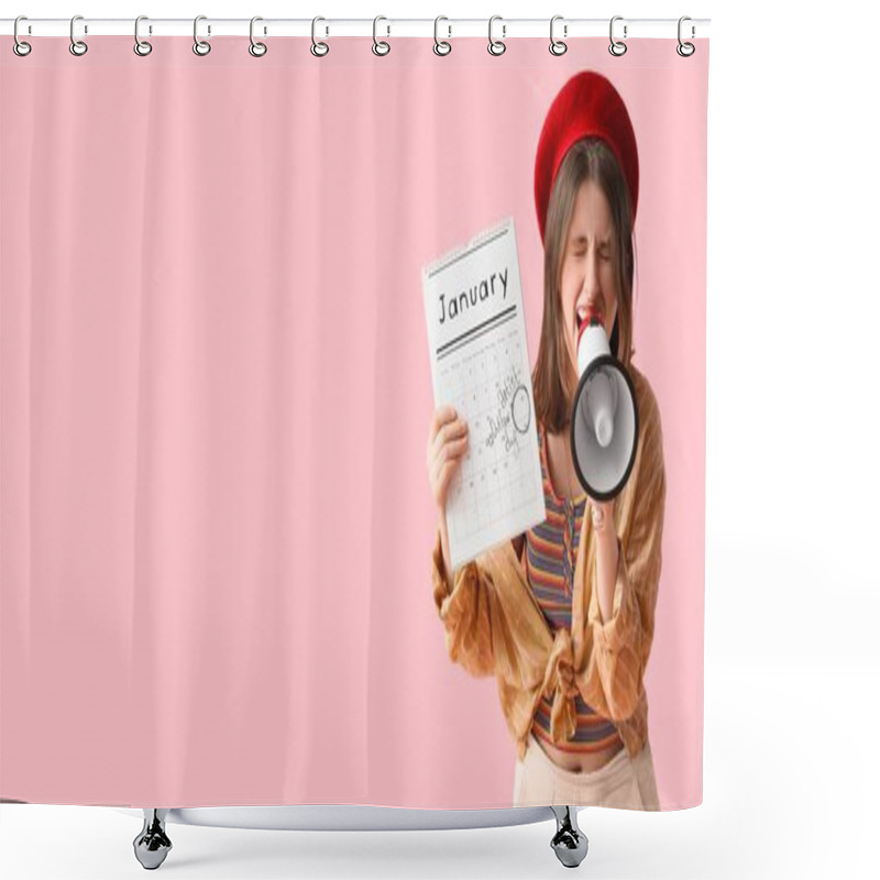 Personality  Young Woman With Calendar Shouting Into Megaphone On Pink Background With Space For Text. Artist As Outlaw Day Shower Curtains