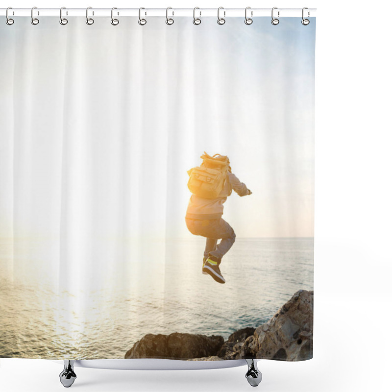 Personality  Brave Man With Backpack Jumping Over Rocks Shower Curtains