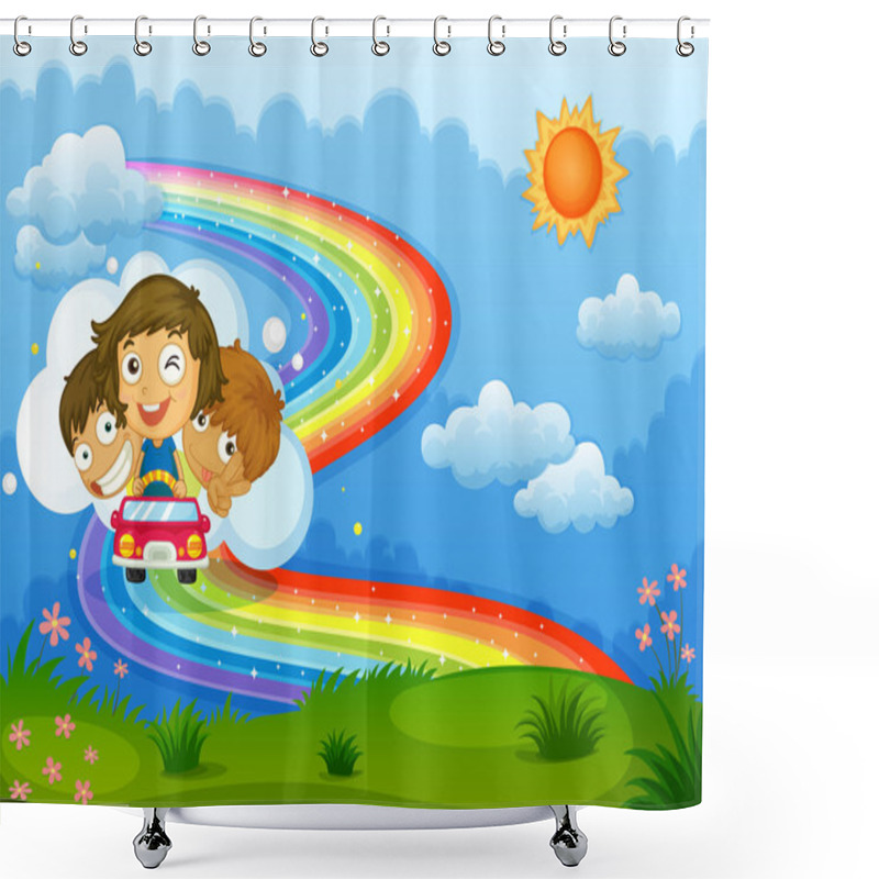 Personality  Kids Riding On A Vehicle Passing Through The Rainbow Shower Curtains