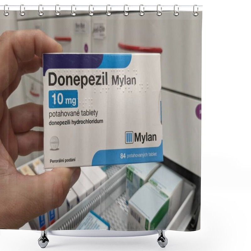 Personality  Prague, Czech Republic - July 10 2024: DONEPEZIL MYLAN Box Of Medication With DONEPEZIL Active Substance By MYLAN, Used For Treatment Of Alzheimer's Disease And Dementia. Shower Curtains