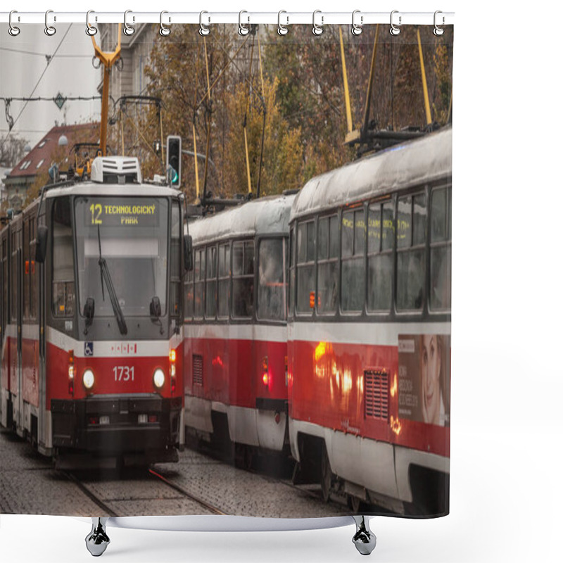 Personality  BRNO, CZECHIA - NOVEMBER 5, 2019: Two Trams, Tatra T# And KT8D5 Models, Crossing Each Other In The City Center Of Brno. Also Called Salina, These Are The Main Transporation System Of Brno, Moravia Shower Curtains