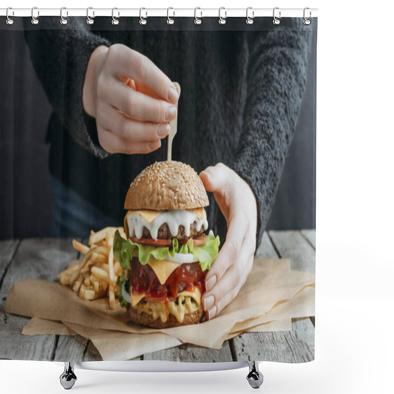 Personality  Cropped View Of Female Hands With Big Tasty Cheeseburger And French Fries On Baking Paper Shower Curtains