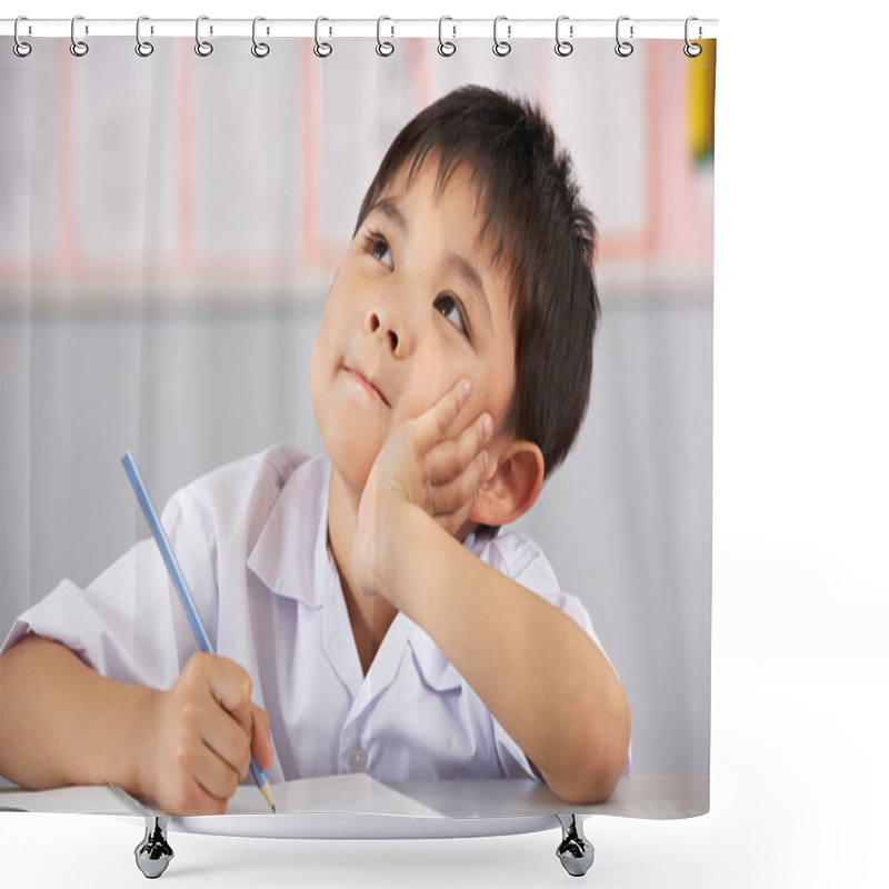 Personality  Male Student Working At Desk In Chinese School Classroom Shower Curtains