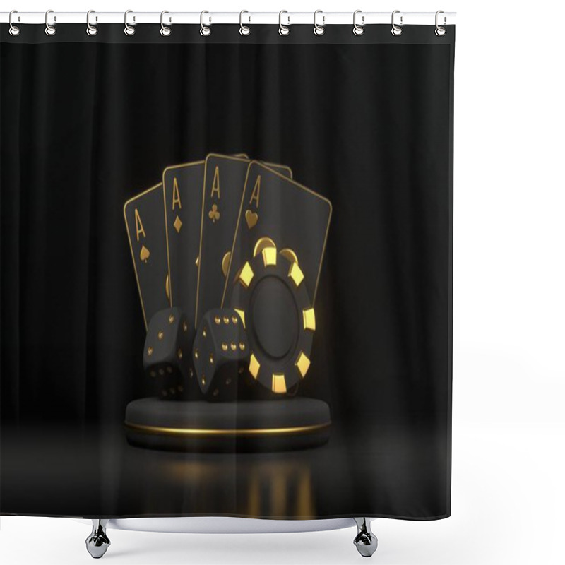 Personality  A Vibrant Image Of Poker Cards, Dice, And A Black Chip, Symbolizing Gambling, Luck, And Casino Games On A Dark Background. 3D Render Illustration Shower Curtains