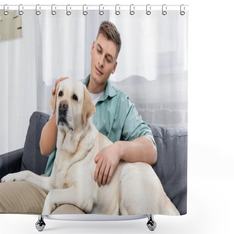 Personality  Pleased Man Sitting On Couch And Cuddling Labrador Shower Curtains