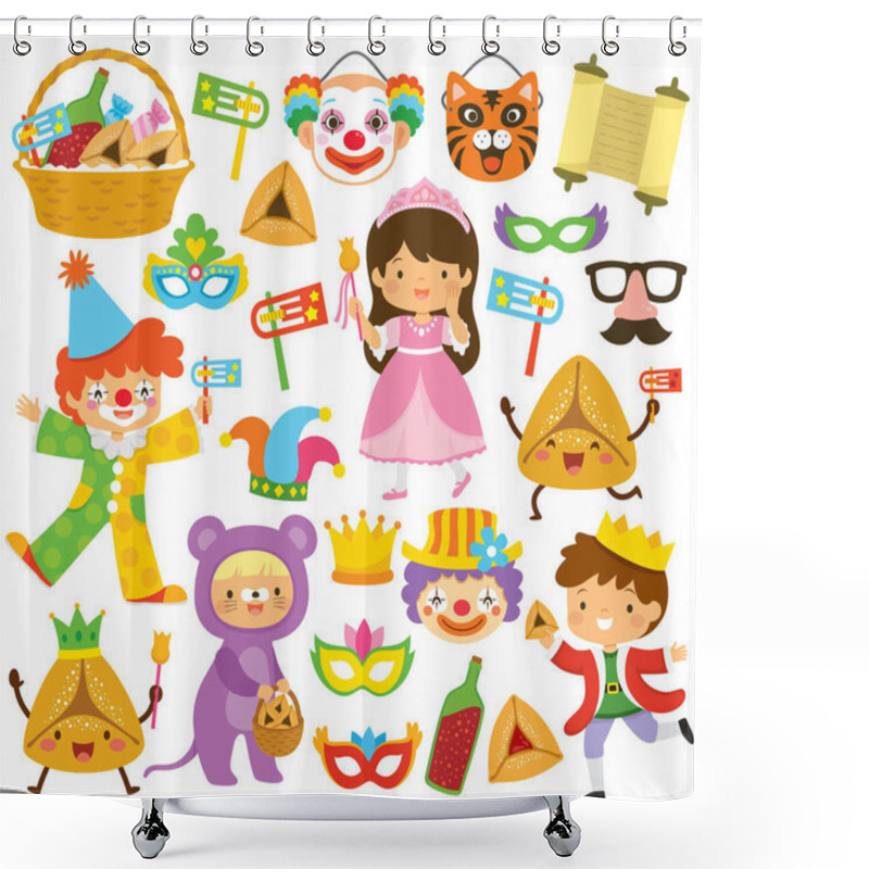 Personality  Purim Clipart Set With Kids, Costumes, Cartoon Hamantaschen, Noise Makers, Masks, And Other Holiday Symbols. Shower Curtains