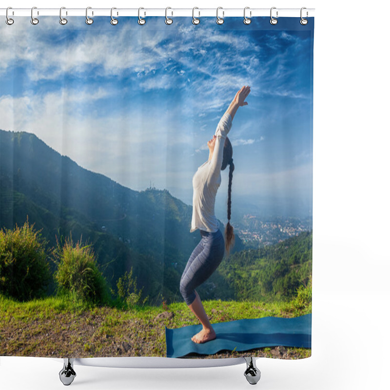 Personality  Woman Doing Yoga Asana Utkatasana Outdoors Shower Curtains