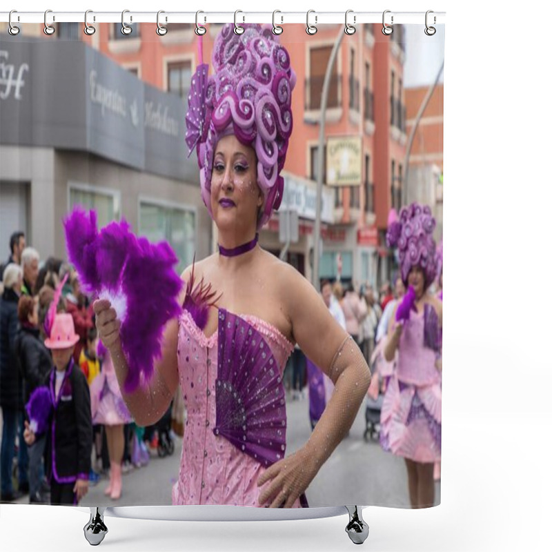 Personality  Colorful Parade: Hispanic Adult Female Performing In Lavish Costume With Purple Fan On February 23, 2023 In Pilar De La Horadada,Spain . Shower Curtains