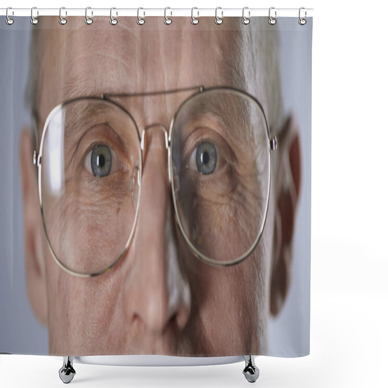 Personality  Cropped View Of Middle Aged Man In Eyeglasses Looking At Camera Isolated On Grey  Shower Curtains