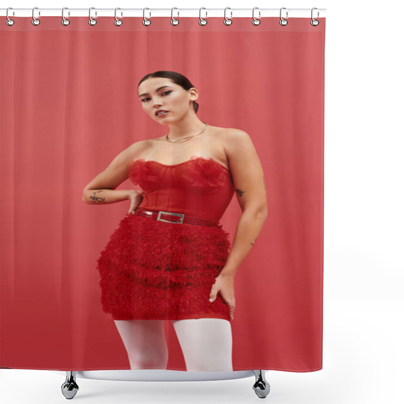 Personality  This Young Woman Showcases Her Fashion Sense With A Bold Red Outfit And Striking Confidence. Shower Curtains