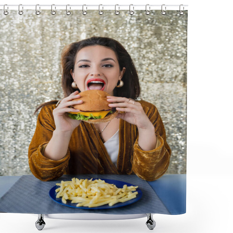 Personality  Brunette Elegant Woman Looking At Camera While Eating Burger Near French Fries On Shiny Silver Background Shower Curtains