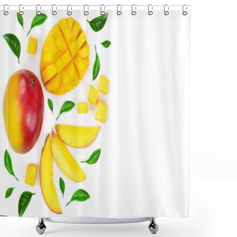 Personality  Mango Fruit And Slices Decorated With Leaves Isolated On White Background With Copy Space For Your Text. Top View Shower Curtains