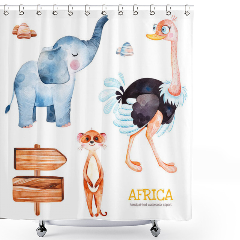 Personality  Safari Collection With Cute Ostrich, Meerkat, Elephant And Stones Shower Curtains